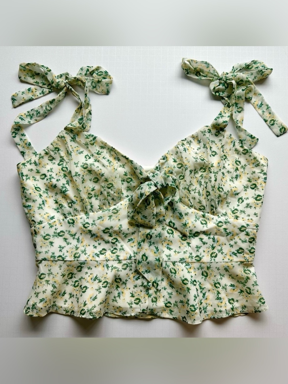 Wayf Cream Floral Tie-Shoulder Crop Top with Green Print